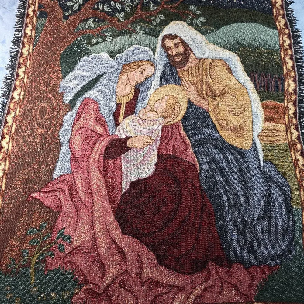 Nativity Tapestry Throw Blanket Mary Joseph Baby Jesus Fringed Christmas